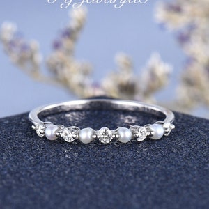 Pearl Wedding Band Women/White Gold Wedding Band/Diamond Wedding Band/Akoay Pearl Moissanite Band Custom Matching Band Promise Gift For Her