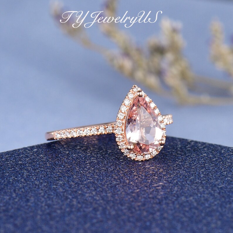Pear Shaped Morganite Engagement Ring Rose Gold Halo Diamond Bridal ...