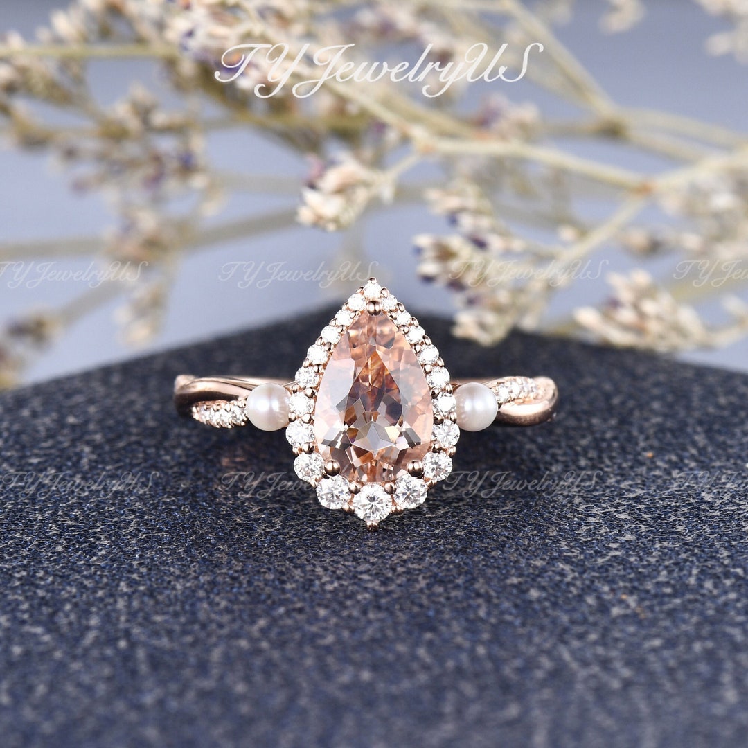 Natural Pearl Morganite Engagement Ring Rose Gold Woman Pear Shaped ...