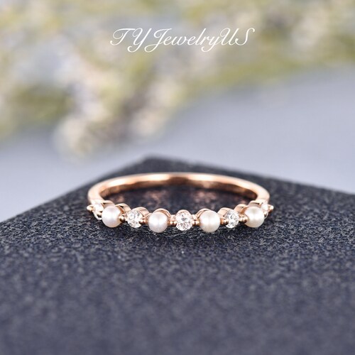 Pearl Weddding Band Women/White Gold Wedding Band/Diamond Wedding Band/Akoay Pearl Moissanite Band Custom Matching shops Band Promise Gift For Her
