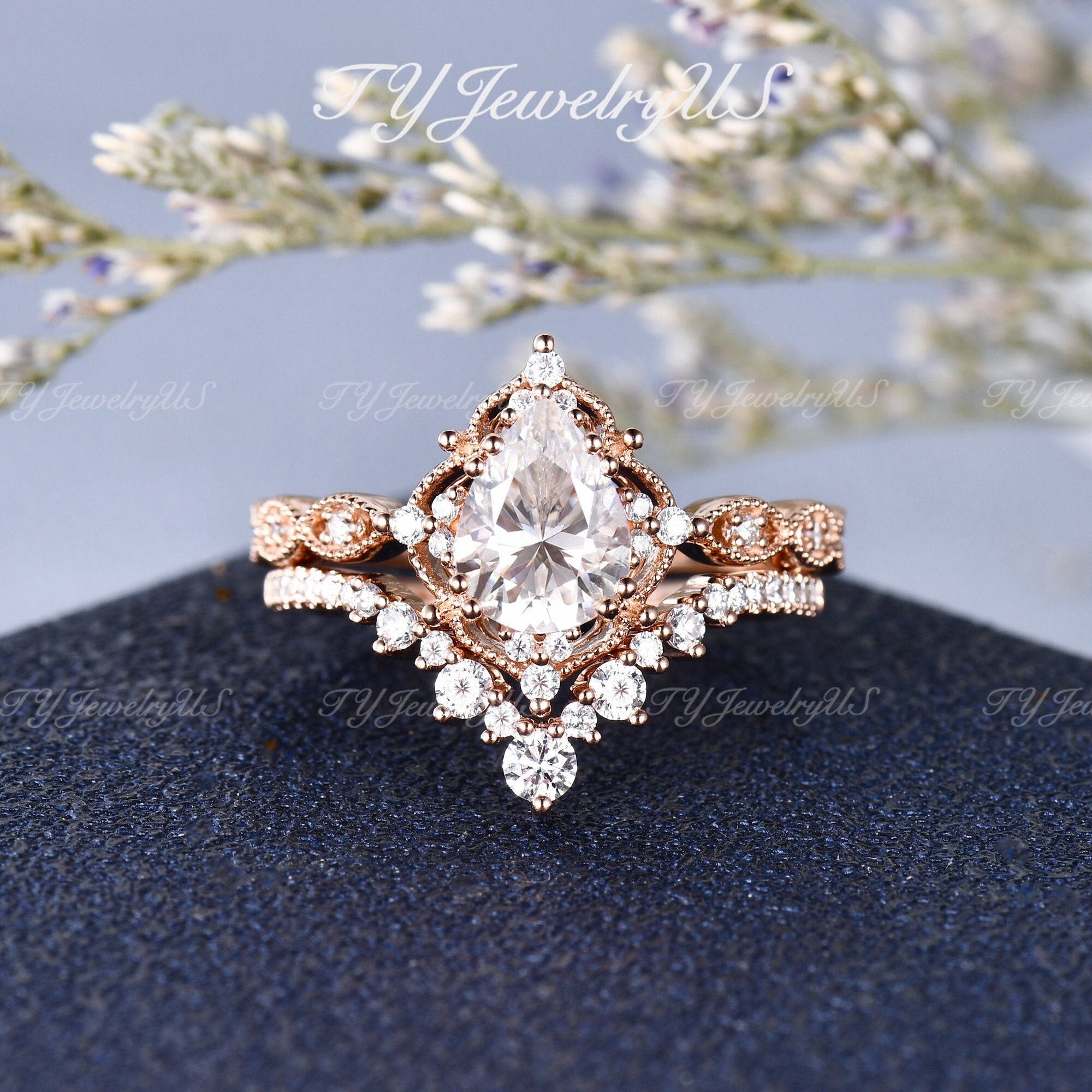 1.5ct Moissanite Engagement Ring Set Rose Gold Bridal Set