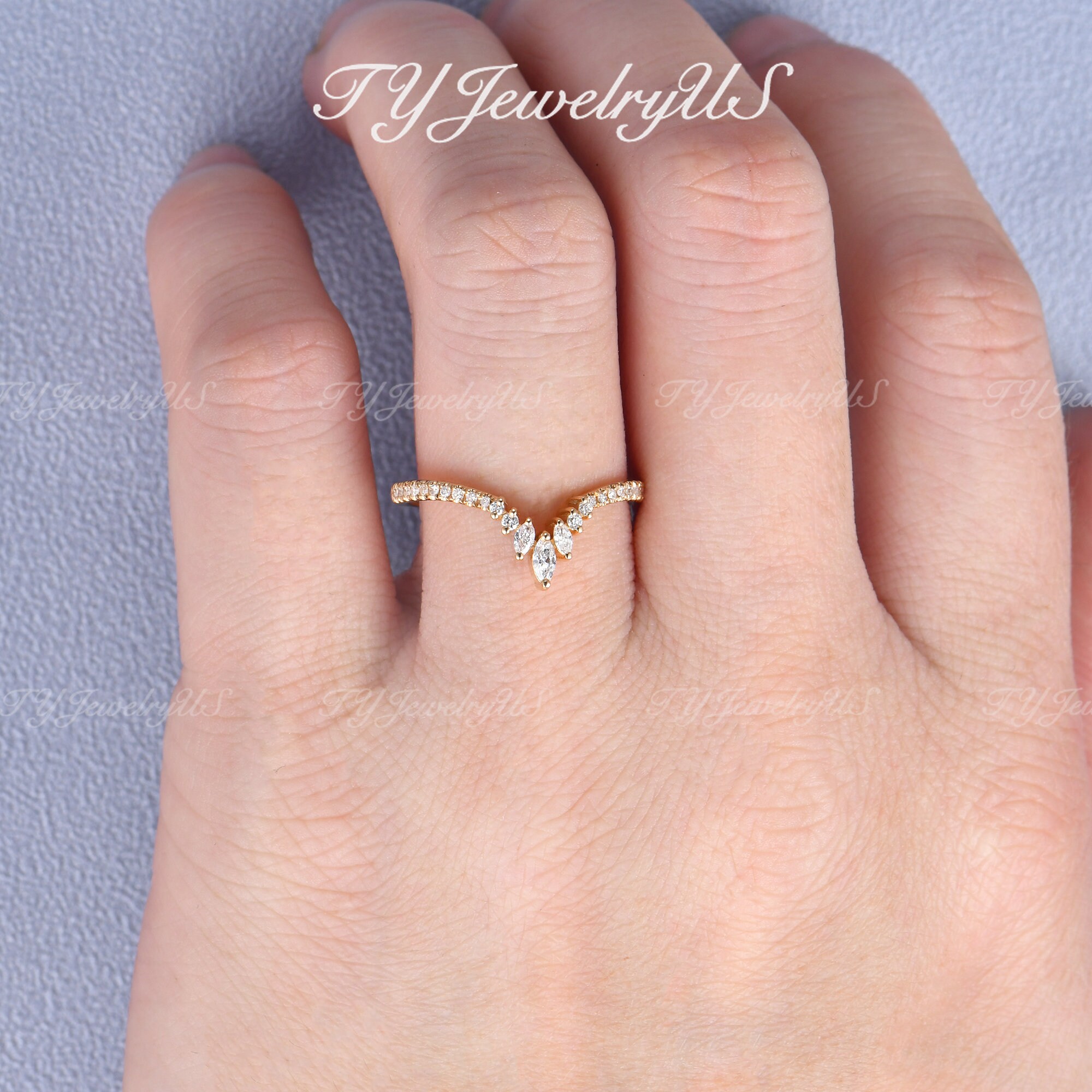 Marquise Cut Moissanite Wedding Band Women | Art Deco Rose Gold ...