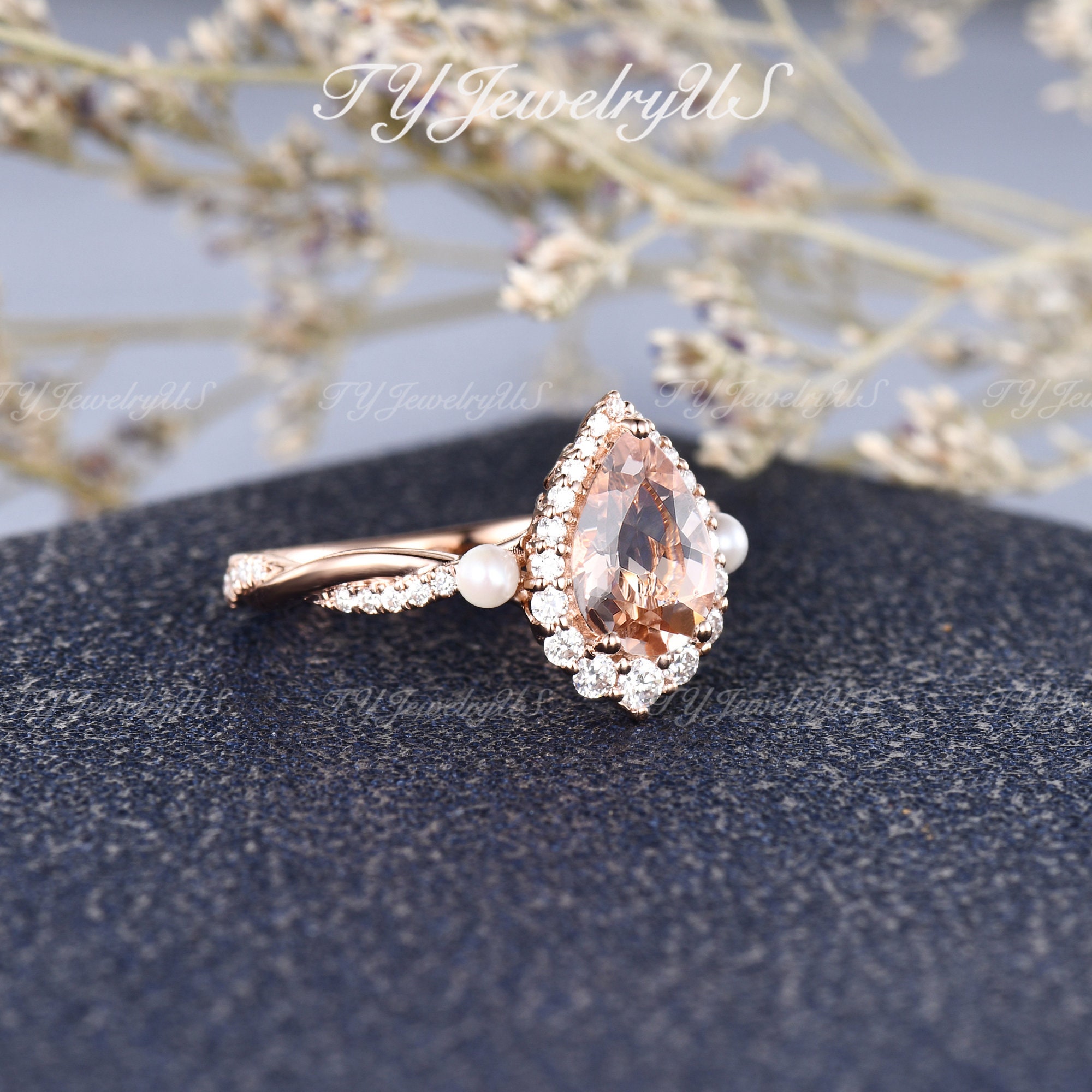 Natural Pearl Morganite Engagement Ring Rose Gold Woman Pear Shaped ...