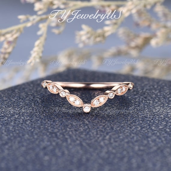 Art Deco Wedding Band Women Yellow Gold Wedding Ring Retro Antique