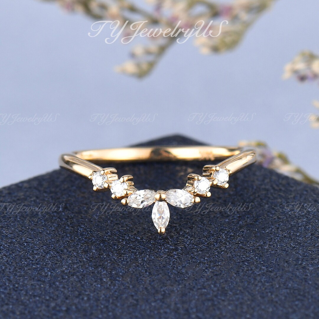 Unique Marquise Diamond Curved Wedding Band Yellow Gold Moissanite ...