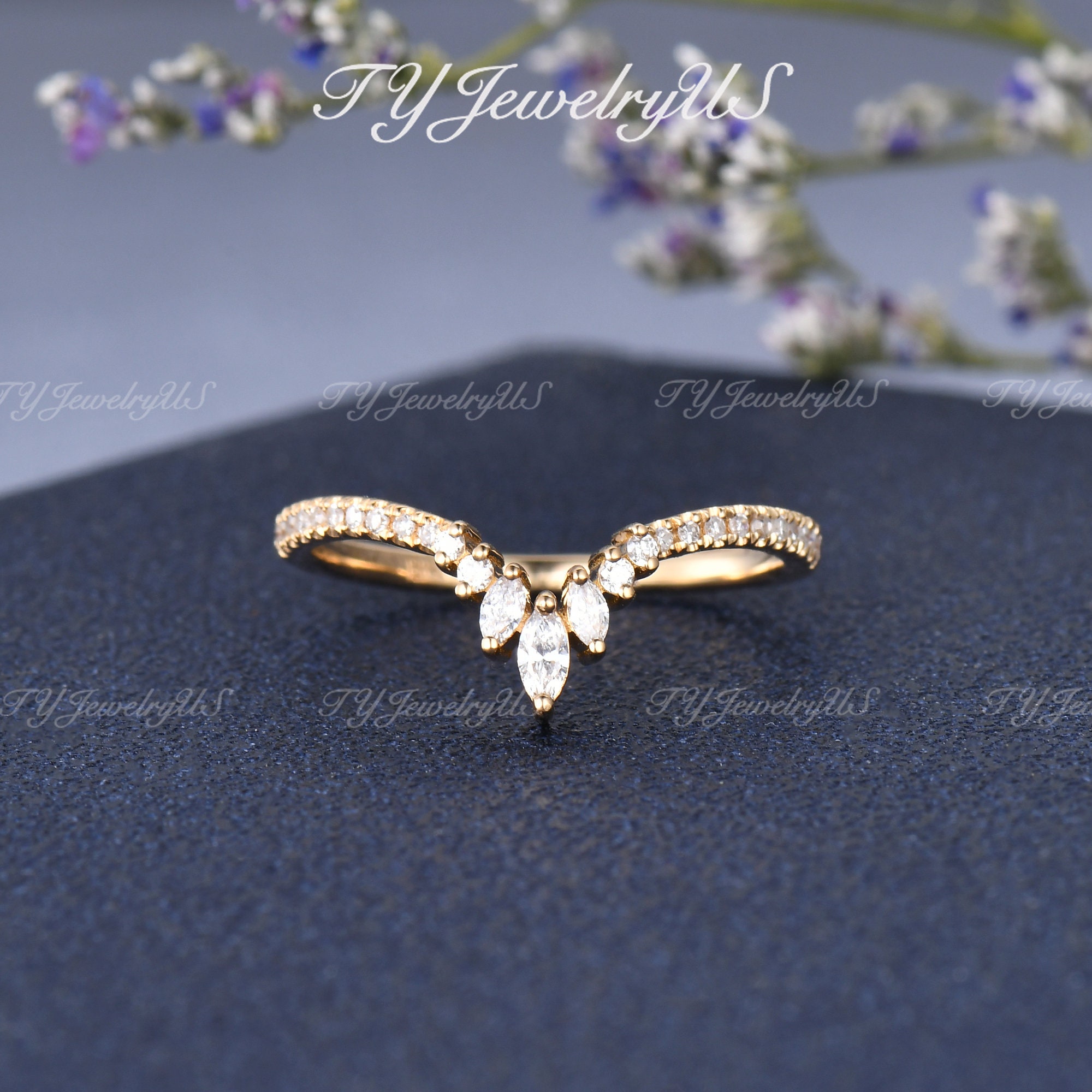 Marquise Cut Moissanite Wedding Band Women | Art Deco Rose Gold ...