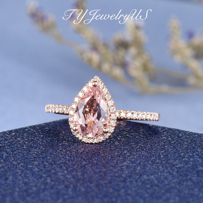 Pear Shaped Morganite Engagement Ring Rose Gold Halo Diamond Bridal ...