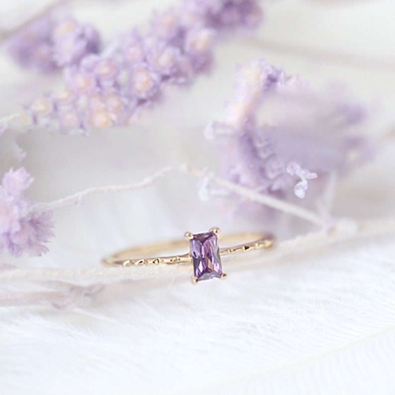 Amethyst Engagement Ring Yellow Gold February Birthstone Ring Solitaire Natural Amethyst Ring Emerald Cut Plain Band