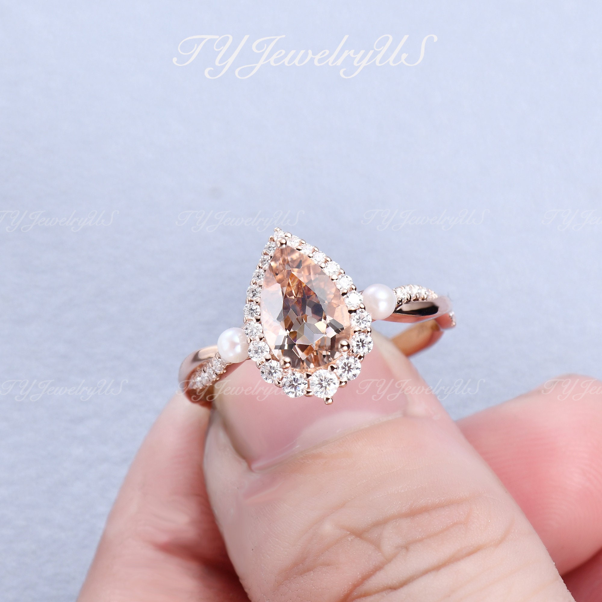 Natural Pearl Morganite Engagement Ring Rose Gold Woman Pear Shaped ...