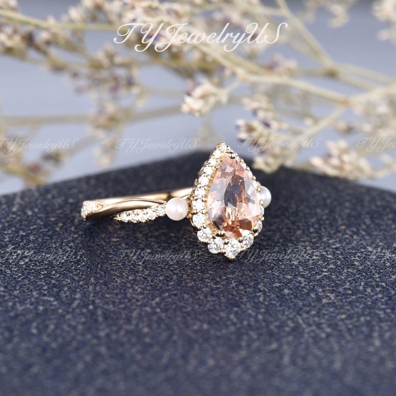 Natural Pearl Morganite Engagement Ring Rose Gold Woman Pear Shaped ...