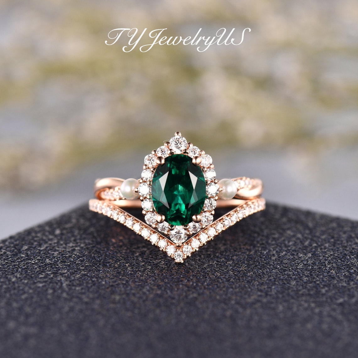 Lab Emerald Engagement Ring Set Rose Gold Emerald Bridal Set image 1