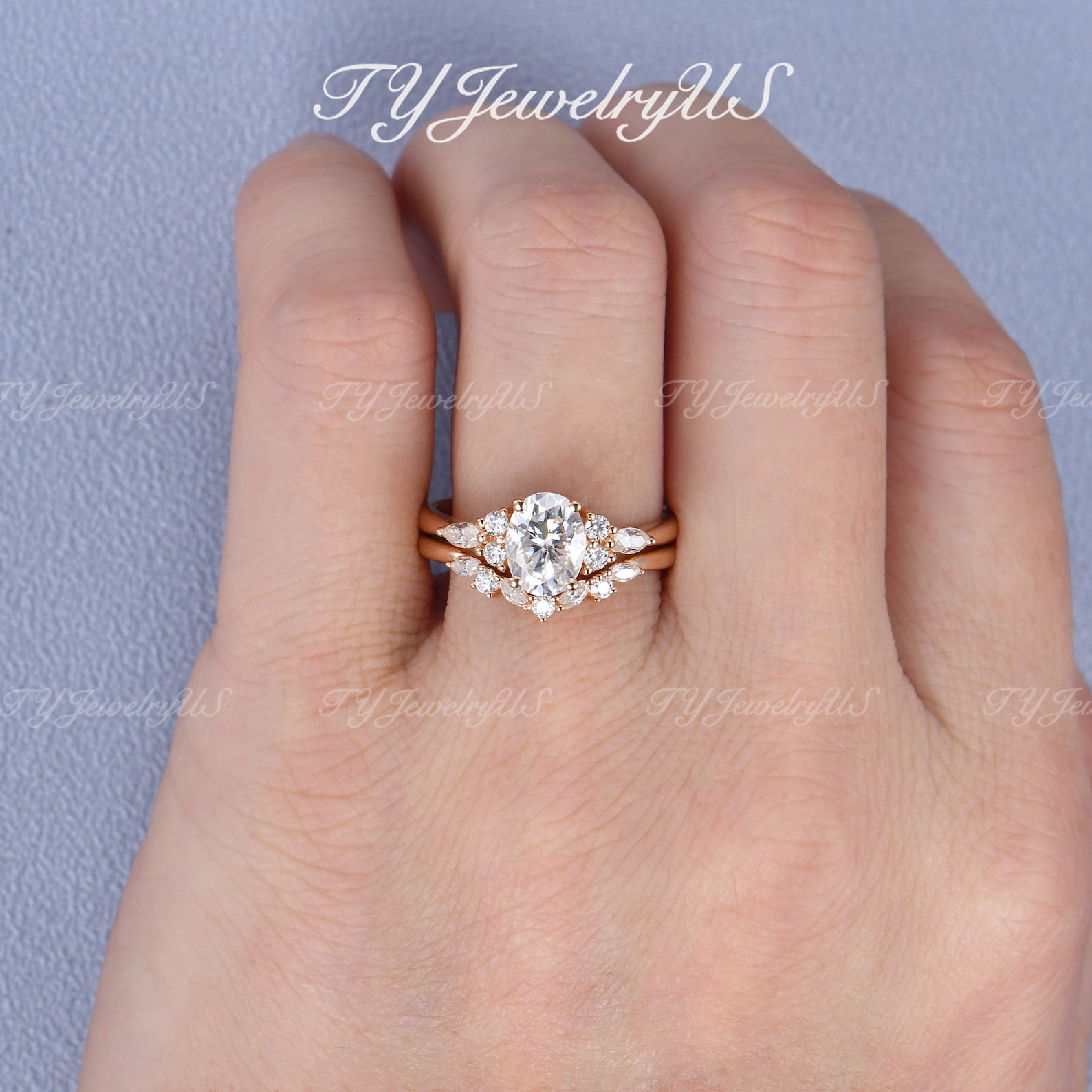 Oval Cut Moissanite Engagement Ring Set Yellow Gold Cluster Bridal Set ...