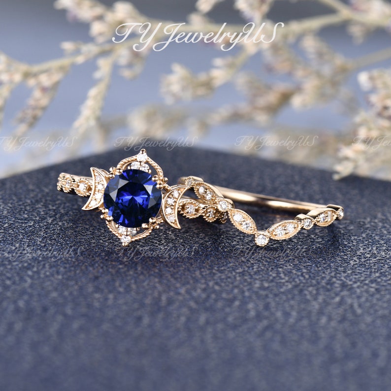 Round Cut Lab Sapphire Engagement Ring Set Rose Gold Milgrain - Etsy