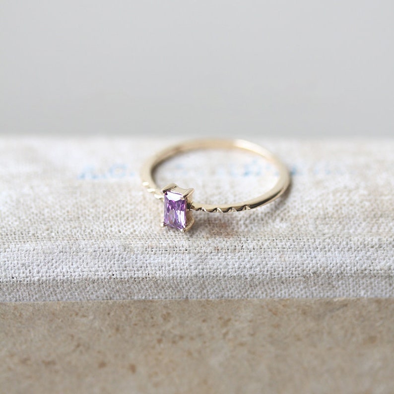 Amethyst Engagement Ring Yellow Gold February Birthstone Ring Solitaire Natural Amethyst Ring Emerald Cut Plain Band