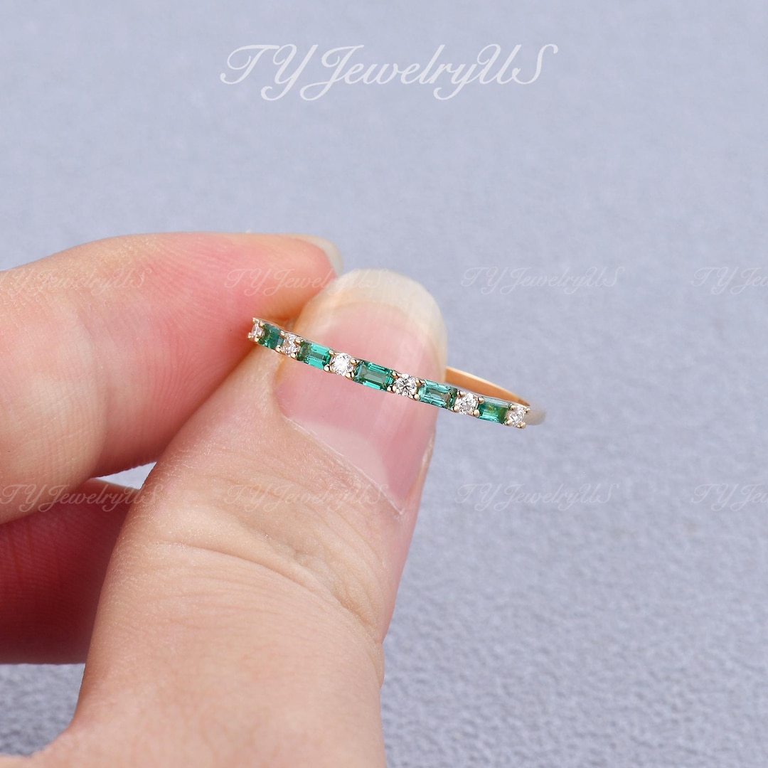 Emerald Wedding Band Solid 14k Yellow Gold Eternity Band Unique ...
