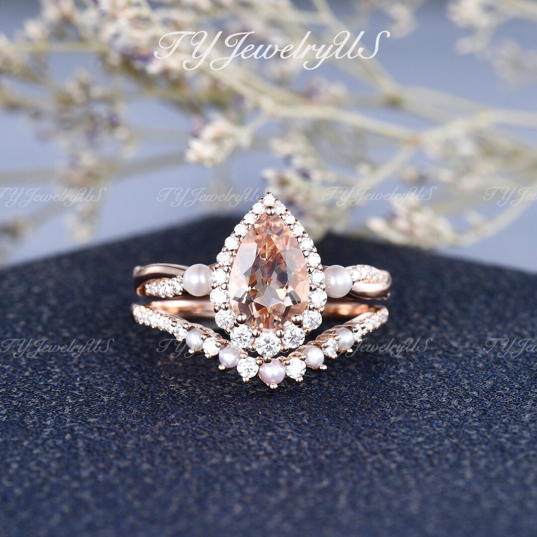 Natural Pearl Morganite Engagement Ring Rose Gold Woman Pear Shaped ...