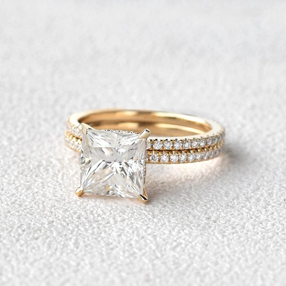 3ct Princess Cut Engagement Ring Set Yellow Gold Moissanite - Etsy