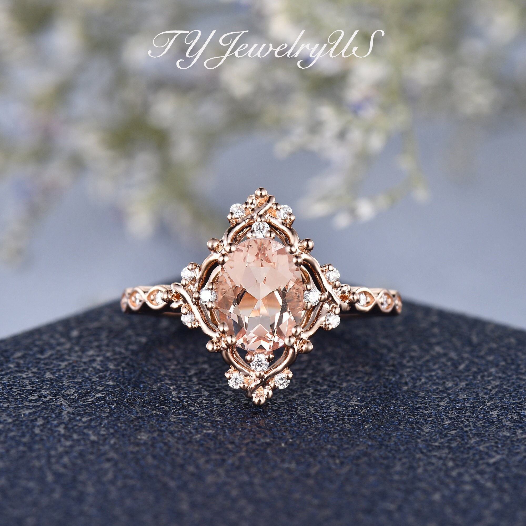 Natural Morganite Engagement Ring Floral Flower Wedding Ring Rose Gold Art Deco Diamond Halo Bridal Ring Woman Vine Cluster Ring Vintage