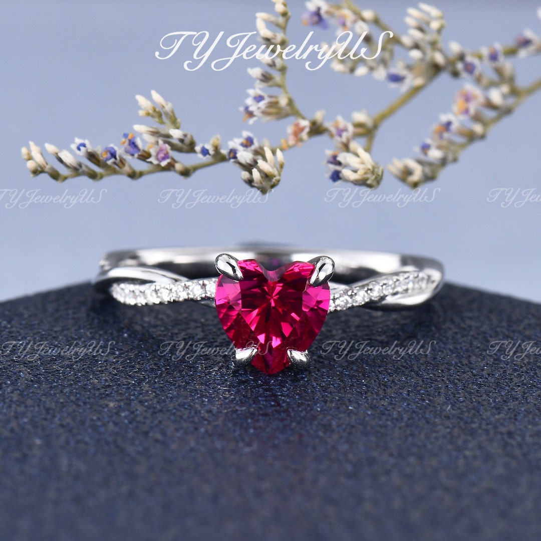 7mm Heart Shaped Ruby Engagement Ring White Gold Lab Ruby Engagement ...
