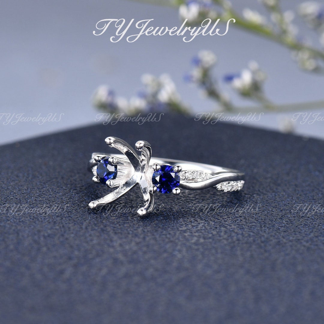 White Gold Engagement Ring Setting Three Stone Lab Sapphire Ring Custom ...