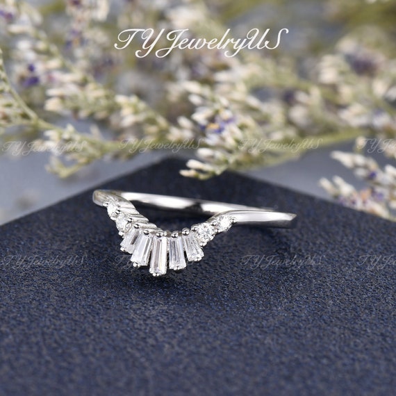 White Gold Curved Wedding Band Tapered Baguette Moissanite Wedding