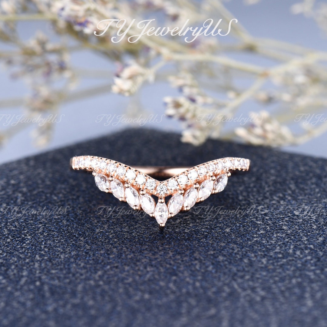 Marquise Cut Moissanite Wedding Band Rose Gold Cluster Curved Band ...