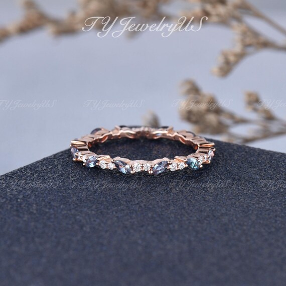 Dainty Ring Marquise Cut Lab Alexandrite Wedding Band Woman June