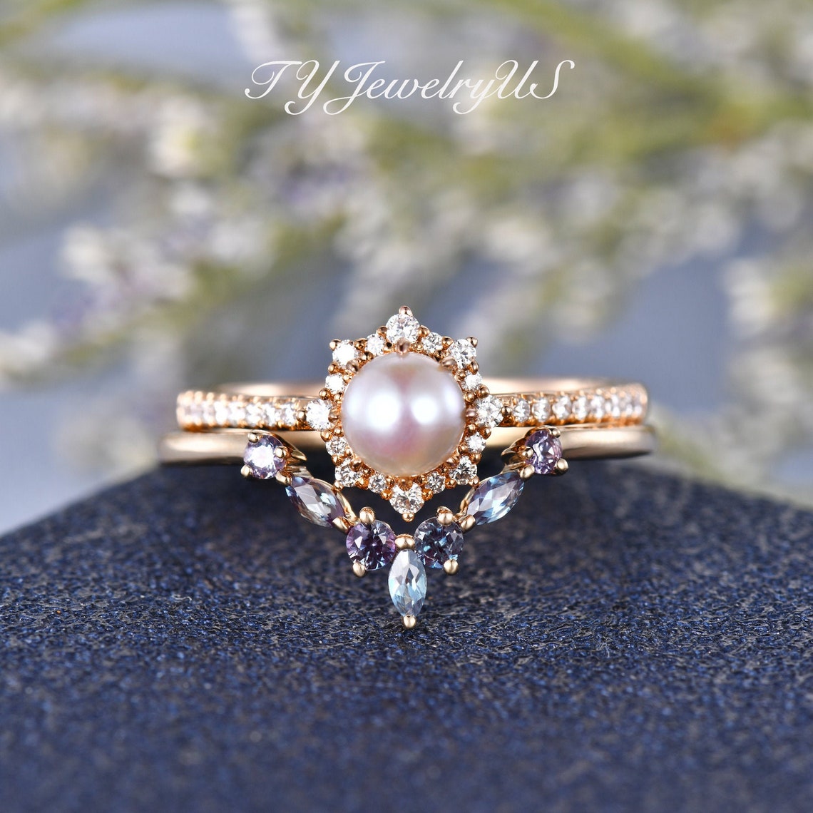 Pearl Engagement Ring Set Rose Gold Bridal Set Pink Akoya image 1