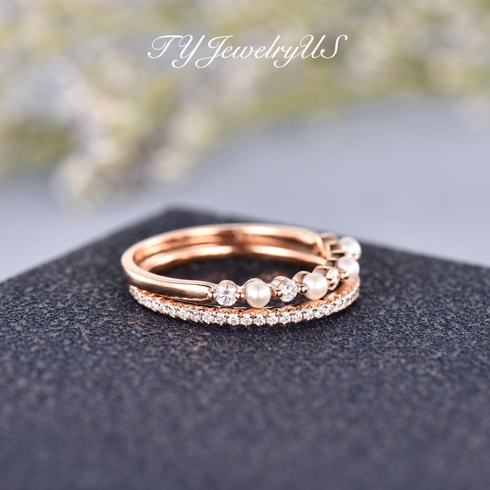 Pearl and Diamond Wedding Band Set, Solid 14K Rose Gold, Eternity 2pcs Pearl and Diamond Wedding Band Set, Solid 14K Rose Gold, Eternity 2pcs