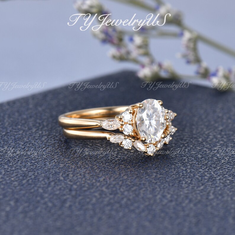 Oval Cut Moissanite Engagement Ring Set Yellow Gold Cluster Bridal Set ...