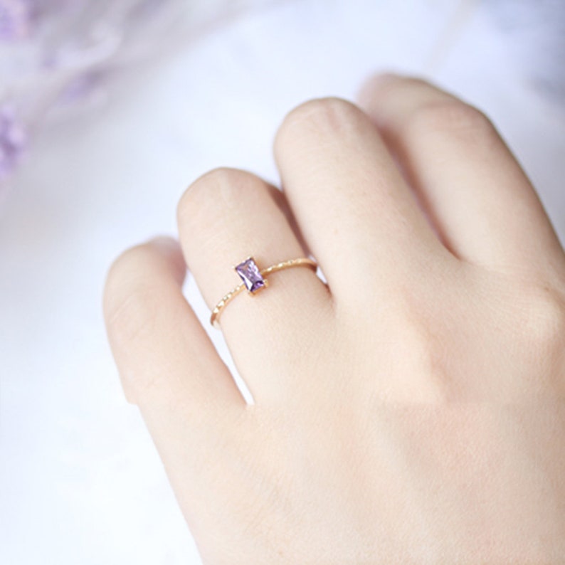 Amethyst Engagement Ring Yellow Gold February Birthstone Ring Solitaire Natural Amethyst Ring Emerald Cut Plain Band