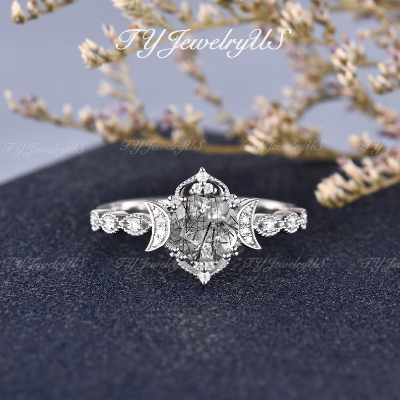 Salt and Pepper Quartz Engagement Ring Black Rutilated Ring Etsy