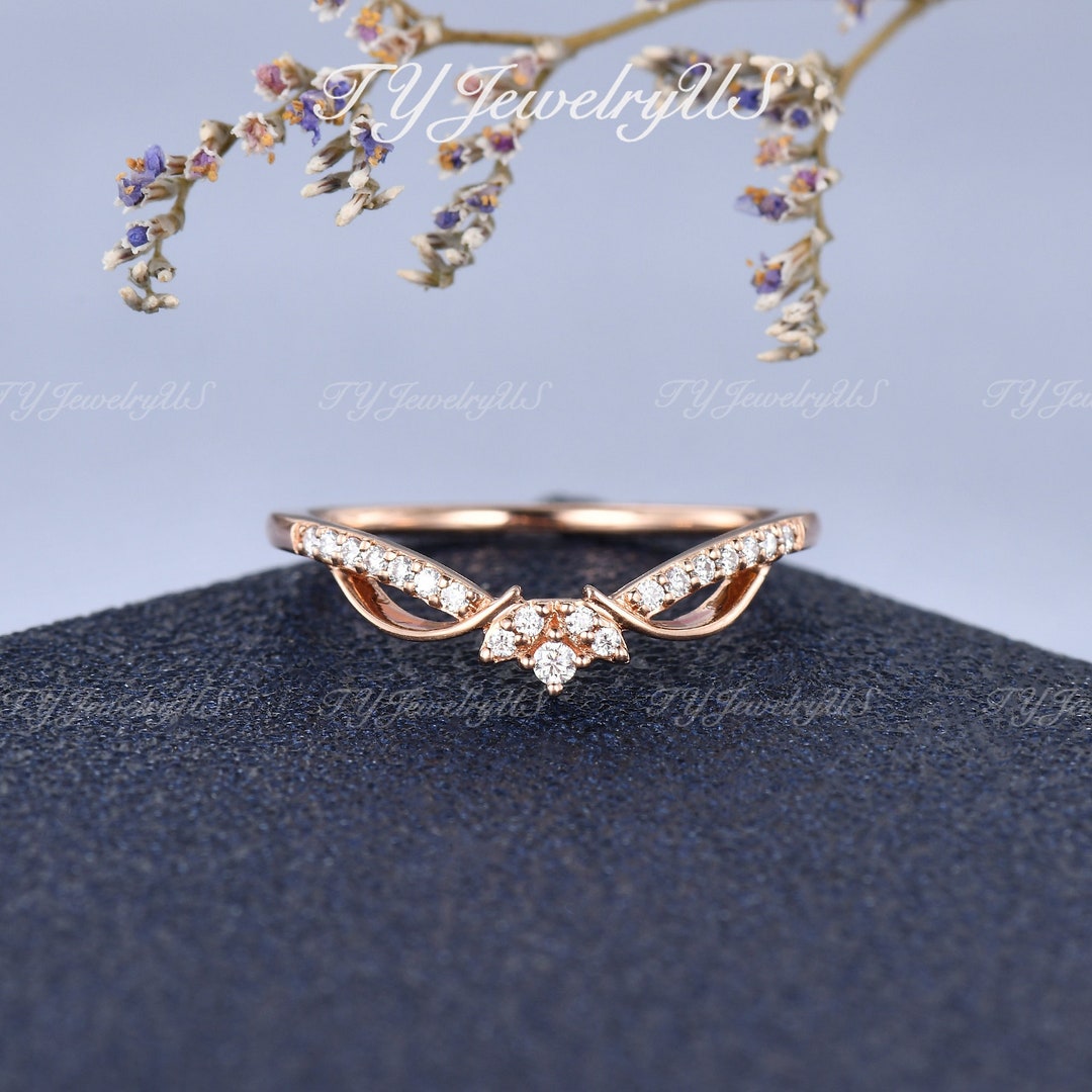 Moissanite Curved Wedding Band Woman Rose Gold Diamond Chevron Band Art ...