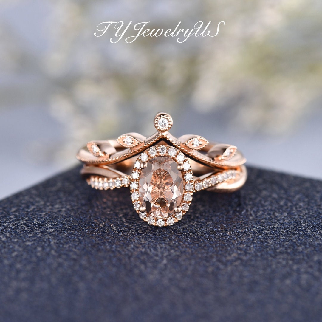Natural Morganite Engagement Ring Set Rose Gold Diamond Halo Ring Woman ...
