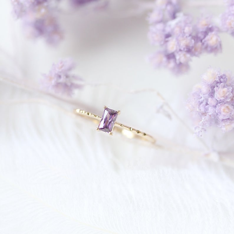 Amethyst Engagement Ring Yellow Gold February Birthstone Ring Solitaire Natural Amethyst Ring Emerald Cut Plain Band