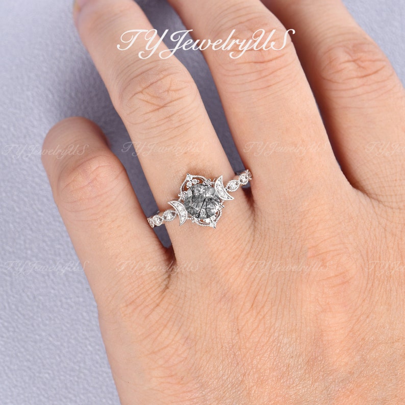 Salt and Pepper Quartz Engagement Ring Black Rutilated Ring Etsy