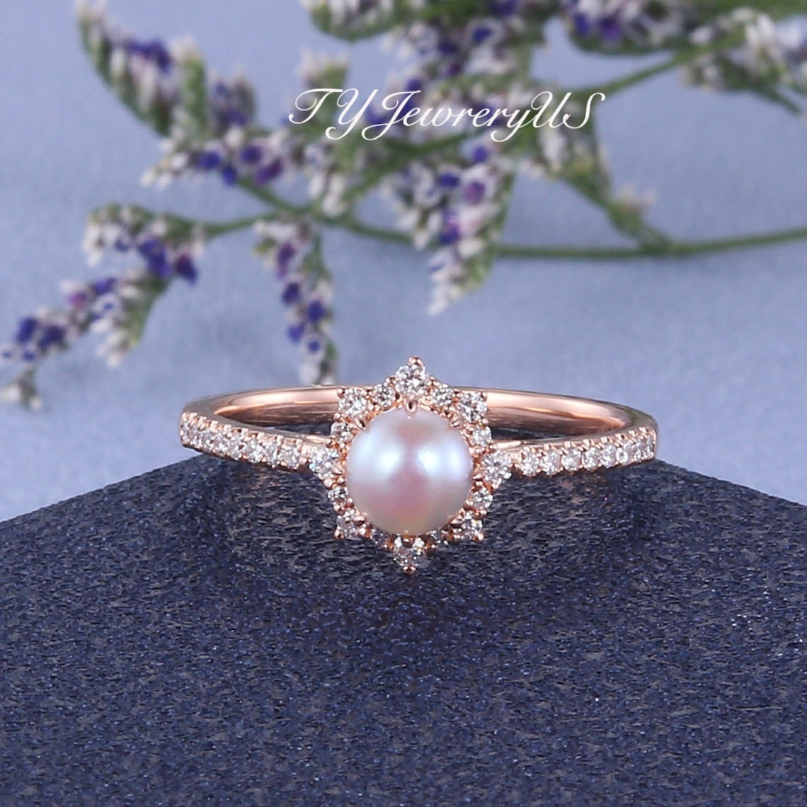 Pearl engagement ring Rose gold Pink Akoya Pearl Ring Women image 1