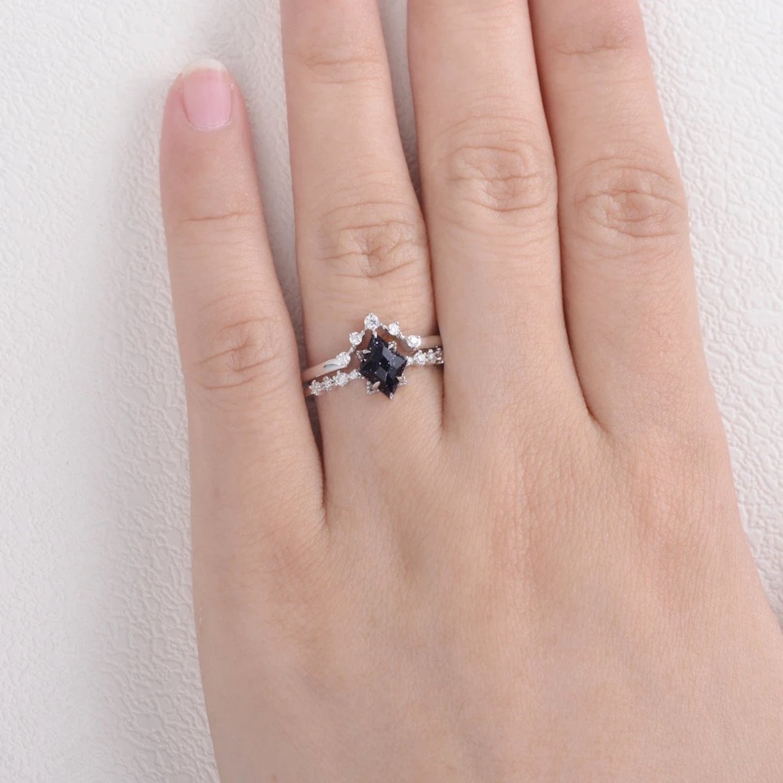 Blue sandstone engagement ring set Geometric white gold bridal | Etsy