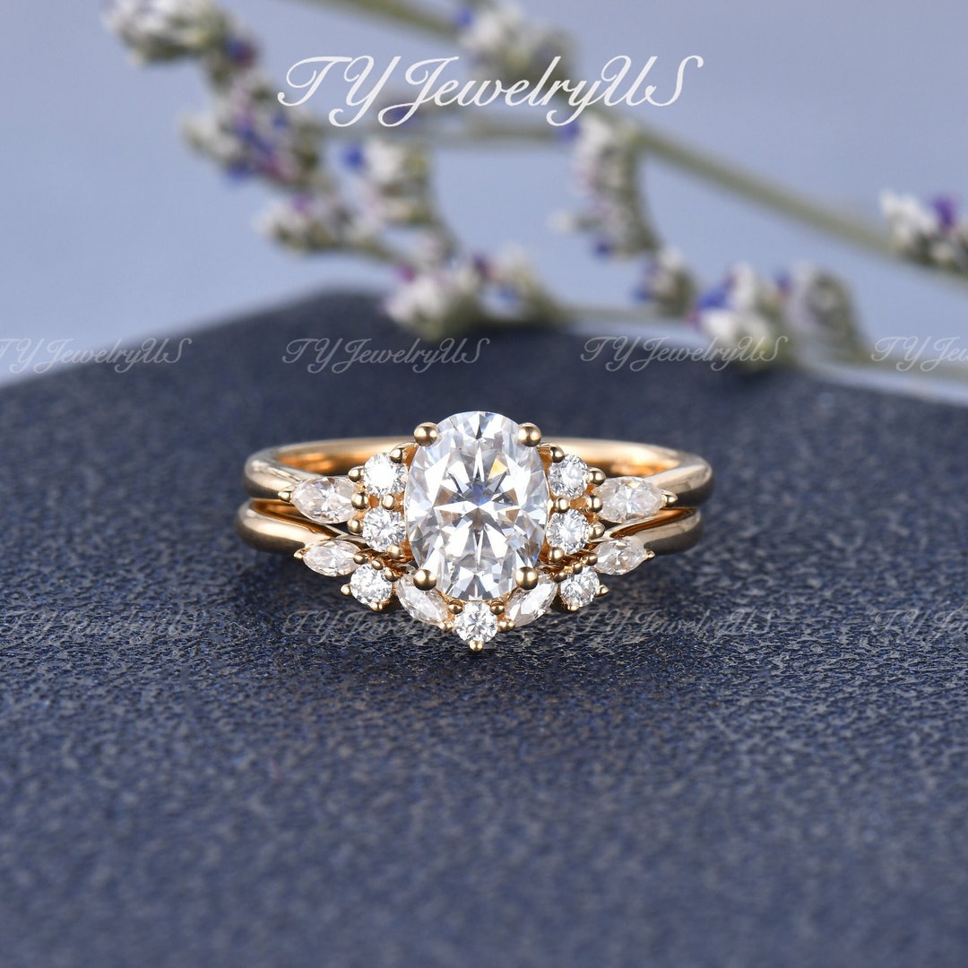 Oval Cut Moissanite Engagement Ring Set Yellow Gold Cluster Bridal Set ...