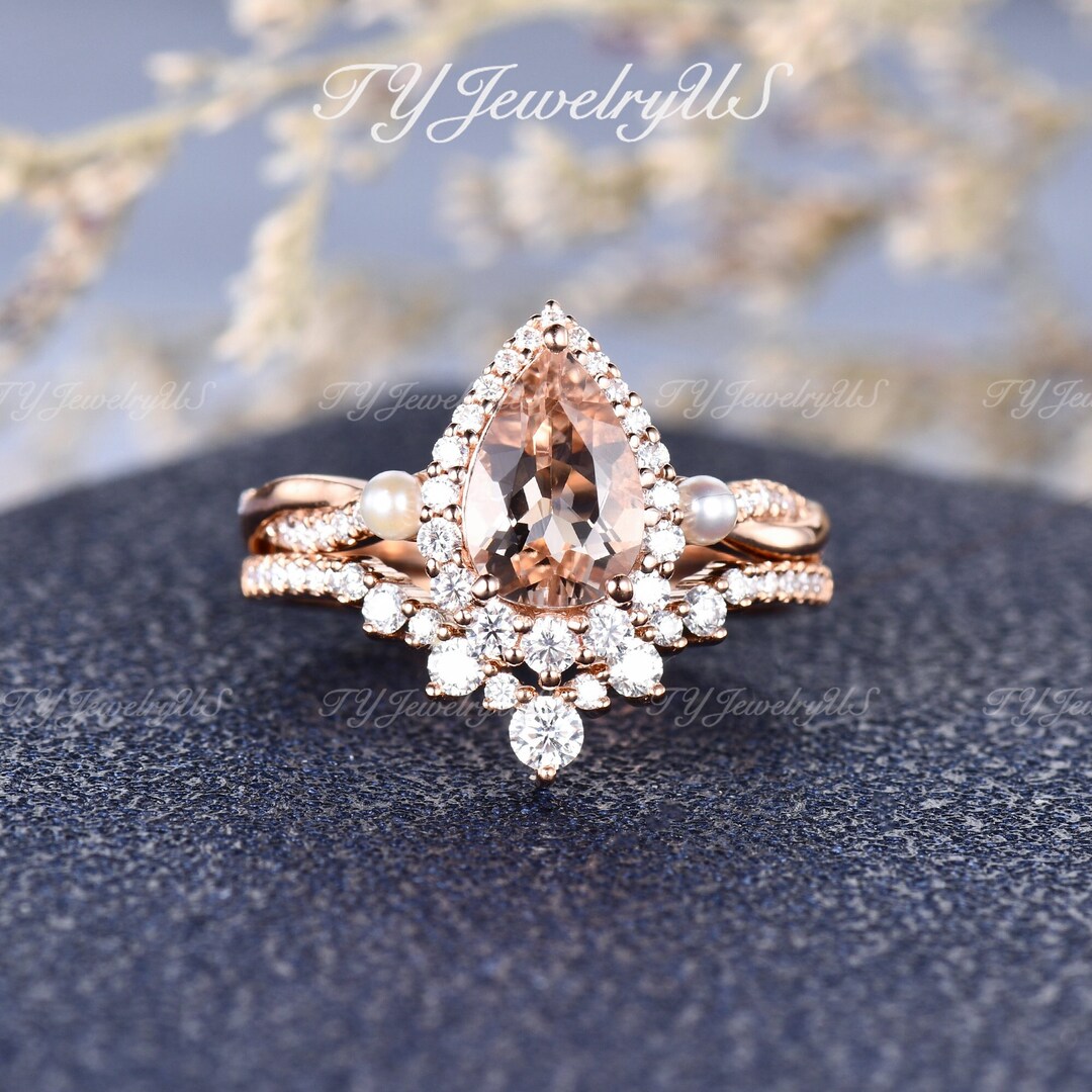Pearl Morganite Engagement Ring Set Rose Gold Pear Shaped Natural ...