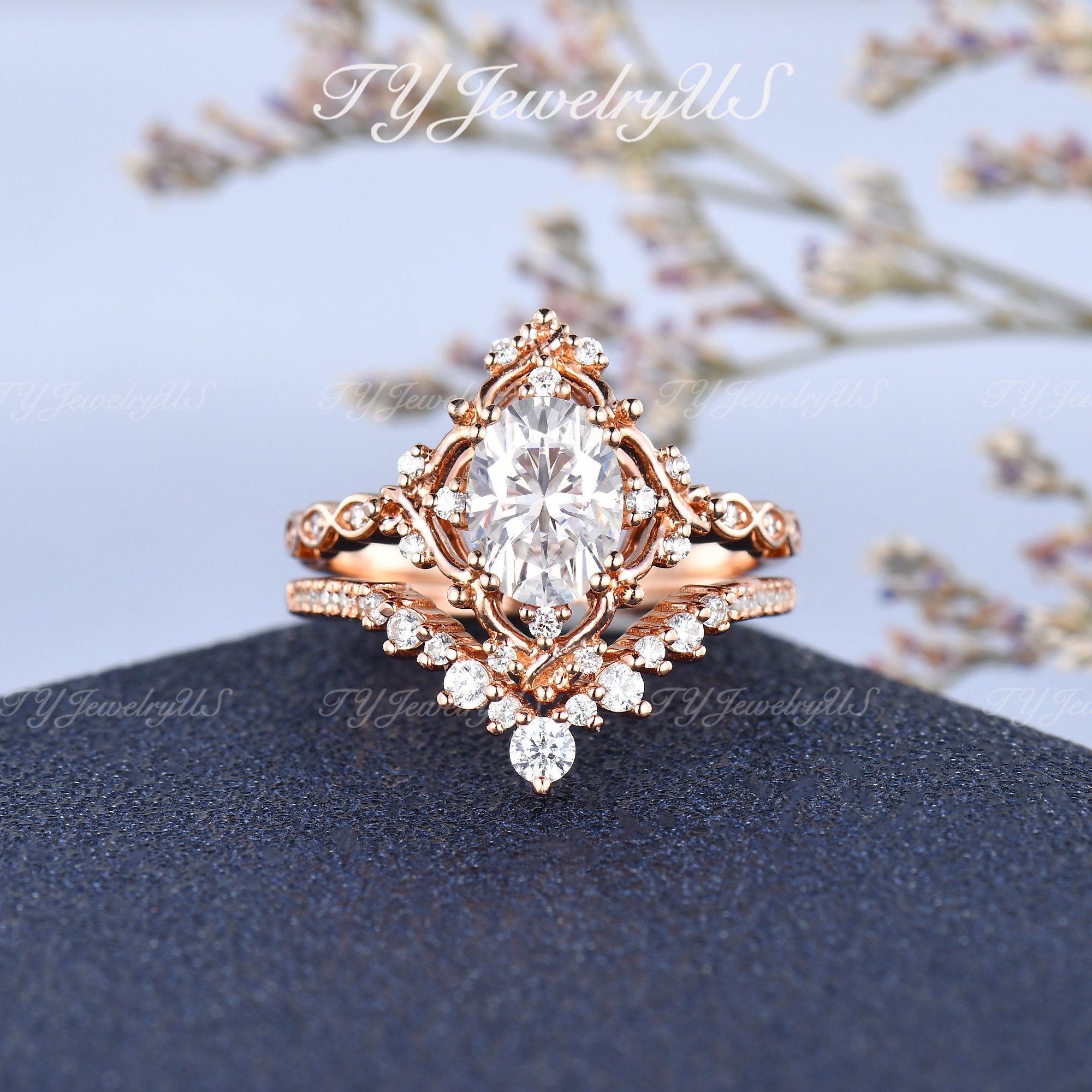 Oval Moissanite Engagement Ring Set Rose Gold Moissanite Bridal Set Oval Moissanite Engagement Ring Set Rose Gold Moissanite Bridal Set