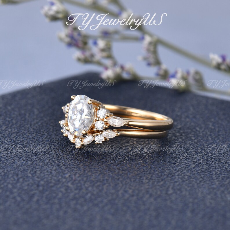 Oval Cut Moissanite Engagement Ring Set Yellow Gold Cluster Bridal Set ...