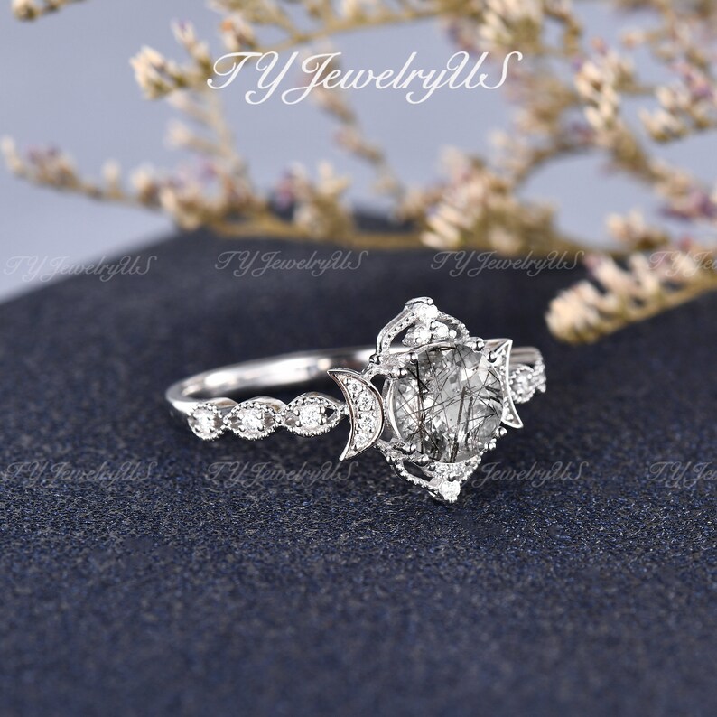 Salt and Pepper Quartz Engagement Ring Black Rutilated Ring Etsy