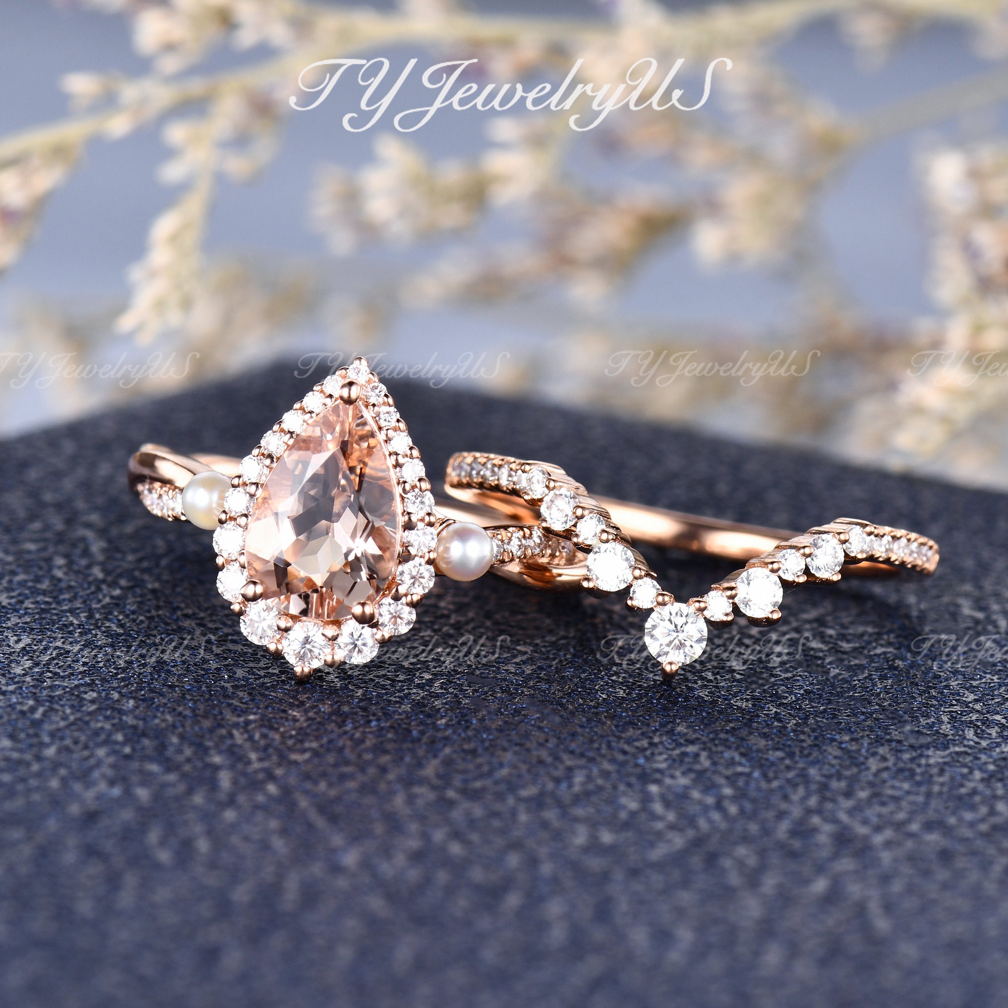 Pearl Morganite Engagement Ring Set Rose Gold Pear Shaped Natural ...