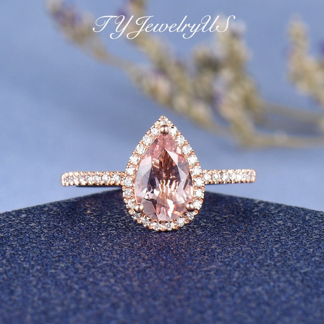 Pear Shaped Morganite Engagement Ring Rose Gold Halo Diamond Bridal ...