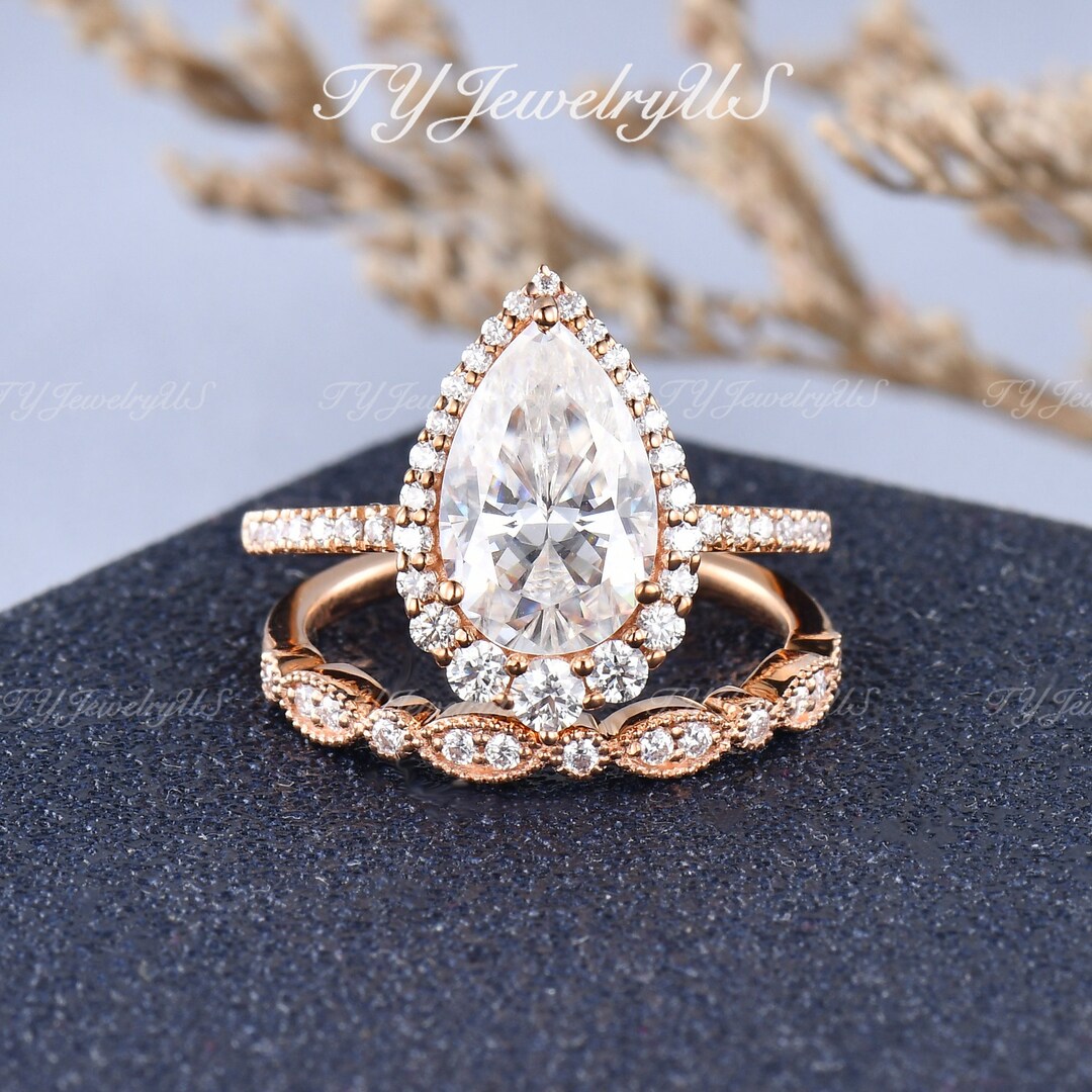 3.5ct Pear Cut Moissanite Engagement Ring Set Tear Drop Rose Gold ...