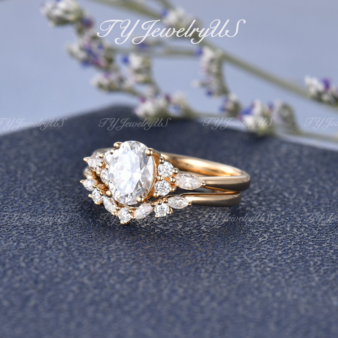 Oval Cut Moissanite Engagement Ring Set Yellow Gold Cluster Bridal Set ...