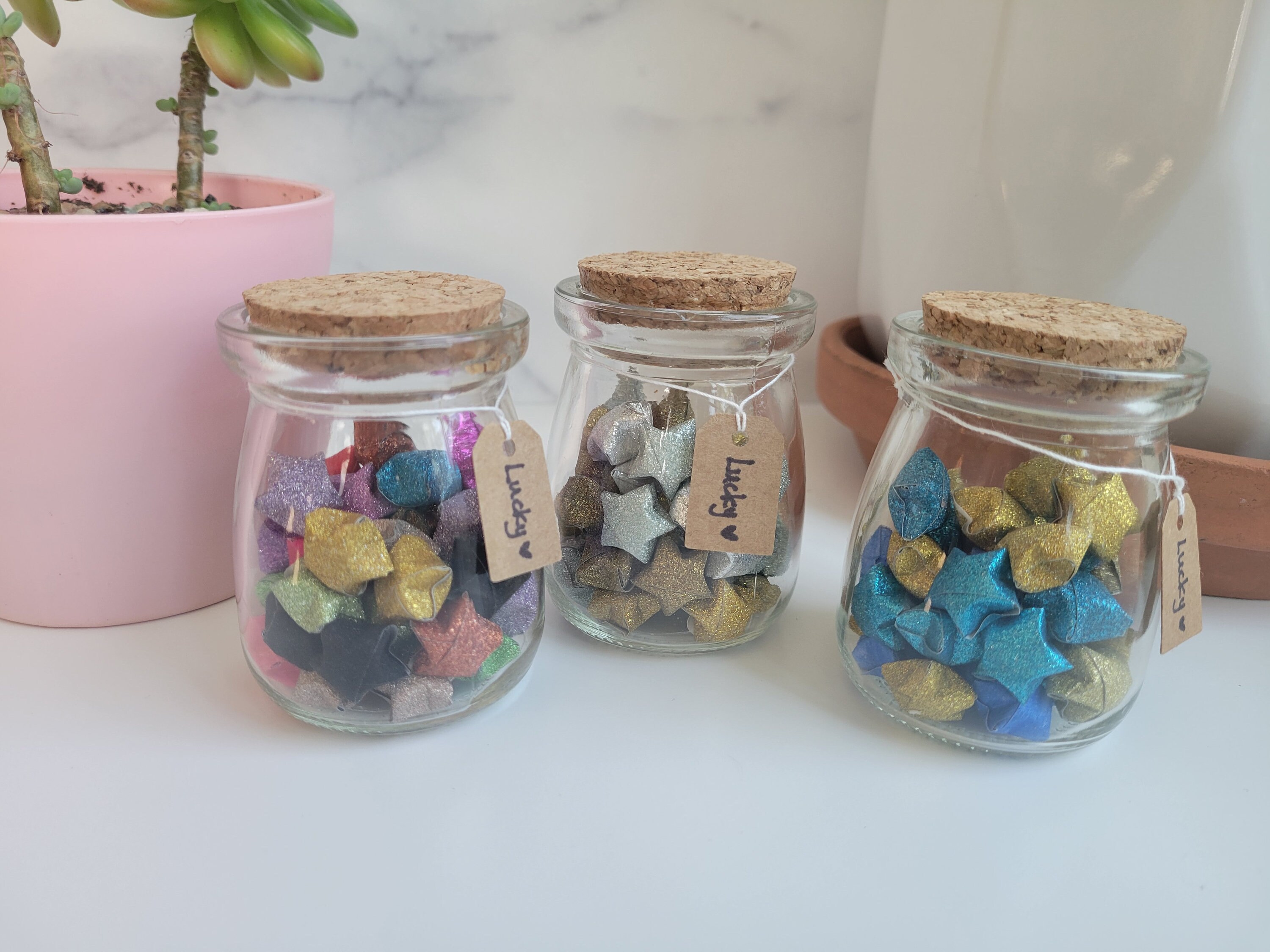 Origami Wishing star jars; paper weights Paper