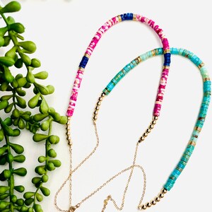Gemstone Heishi Beaded Necklace | Gold Filled Balls | Pink Impression Jasper | Turquoise | Gold Discs | Gold Filled Chain