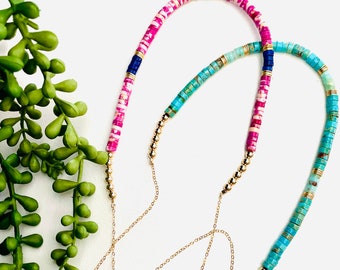 Gemstone Heishi Necklace: Pink Jasper, Turquoise & Gold Filled